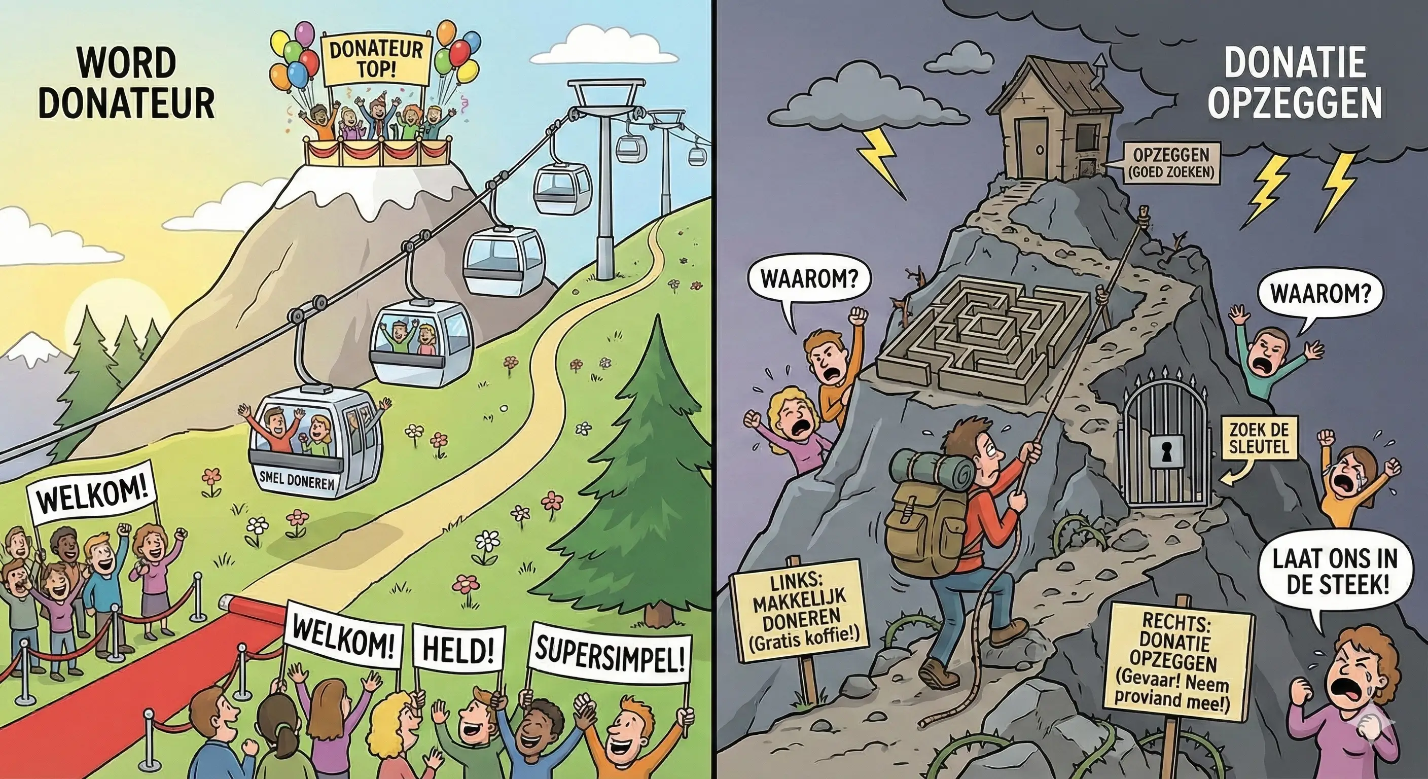 Vergelijking tussen makkelijk donateur worden via een lift en de moeilijke weg van donatie opzeggen via een steile berg met doolhof.