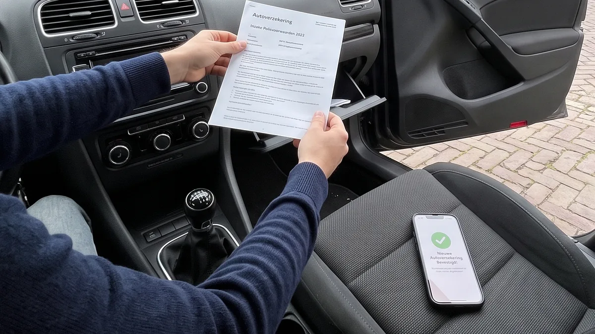 Iemand bekijkt in de auto de polisvoorwaarden van een autoverzekering, met op de stoel een telefoon met de bevestiging van een nieuwe verzekering