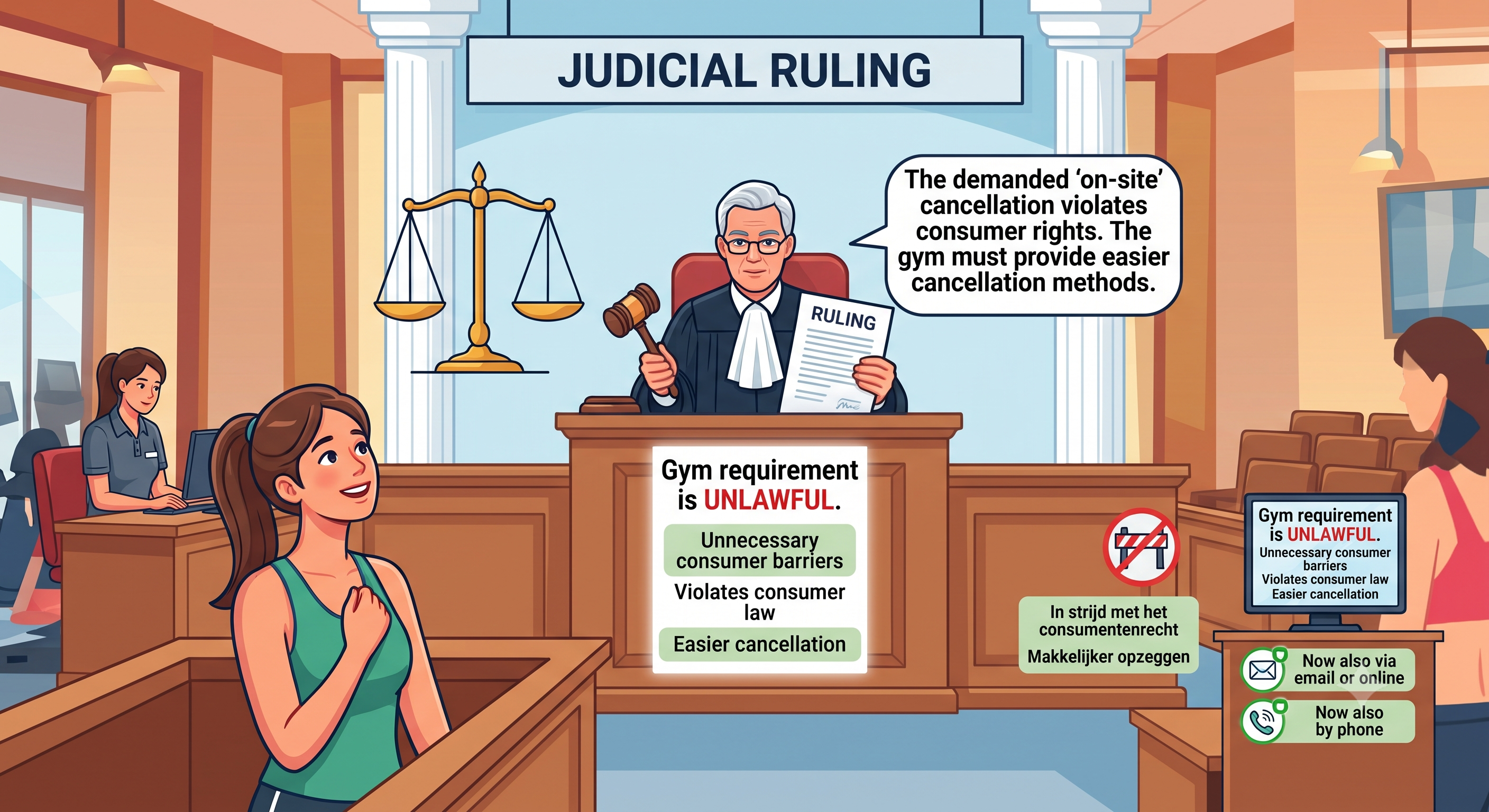 Judge in a courtroom reading out a ruling that a gym's demand to cancel only at the desk is unlawful; a relieved member looks on, with icons showing cancellation is now also possible by email, online or by phone.
